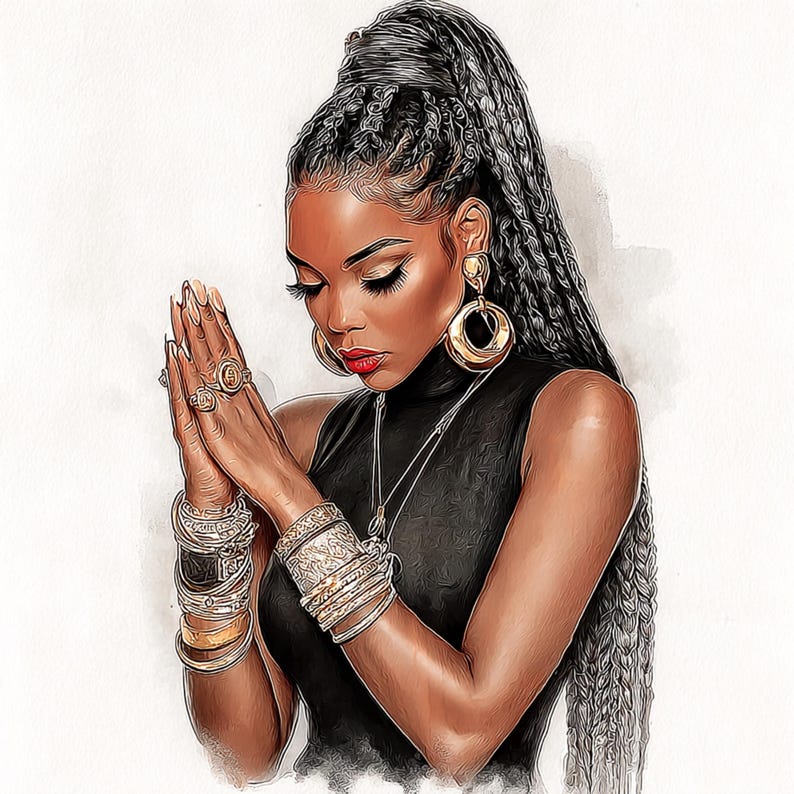 May include: An illustration of a woman with long, braided hair and gold hoop earrings. She wears a black sleeveless top and multiple bracelets and rings. Her hands are clasped in front of her, and she has red lipstick.