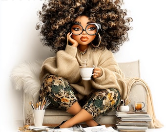 24 PNG Plus size Black woman on the couch Planning book relax clipart Self-Care Winter Evening Black Woman Magic Bundle Afro-American Girls