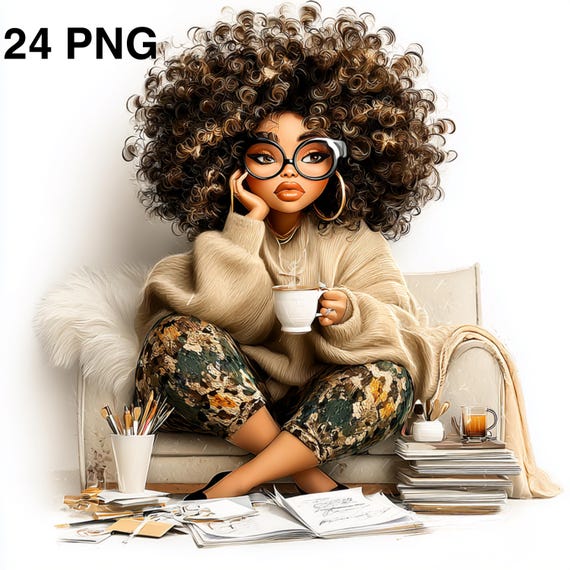 24 PNG Plus size Black woman on the couch Planning book relax clipart Self-Care Winter Evening Black Woman Magic Bundle Afro-American Girls