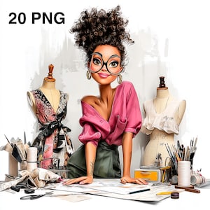 May include: Illustration of a fashion designer with curly hair, wearing a pink top and green skirt, leaning on a table with design sketches. Two dress forms and sewing supplies are in the background. The text "20 PNG" is in the upper left corner.