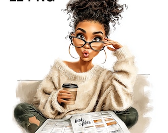 22 PNG Black girl on the couch Planning book relax clipart Self-Care Winter Evening Black Woman Magic Bundle Afro-American Girls Card Making