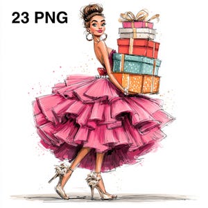 Op de afbeelding: Illustratie van een vrouw in een roze jurk die een stapel ingepakte cadeaus draagt. De jurk heeft een gelaagde, gerimpelde rok. De cadeaus zijn in verschillende kleuren, waaronder rood, blauwgroen en oranje. De vrouw draagt ​​hoge hakken en grote oorringen.