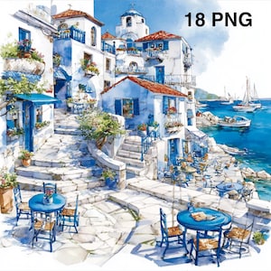 May include: A watercolour painting depicting a coastal village with white buildings, blue details, and red-tiled roofs. The image features steps, tables, chairs, and boats on the water. The text "18 PNG" is visible in the top right corner.