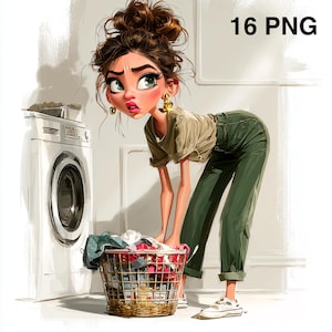 16 PNG Laundry Day Clipart: Woman Washing Clothes, Household Chores Illustration (Digital Download)