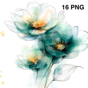 16 PNG Abstract Flowers Clipart Printable Watercolor clipart Mint Green Gold Flowers Wall Art Digital download Paper craft junk journals