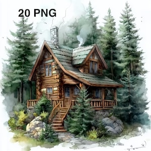Peut inclure: Illustration à l'aquarelle d'un chalet en rondins rustique niché dans une forêt. Le chalet comprend une cheminée en pierre, des escaliers en bois et un porche. De grands arbres verts entourent le chalet, avec le texte "20 PNG" en haut à gauche.