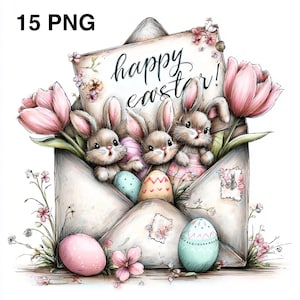 Puede incluir: Ilustración en acuarela de tres conejitos asomándose de un sobre con la frase "happy easter!". El sobre está rodeado de tulipanes rosas, huevos de Pascua y detalles florales. La imagen tiene una paleta de colores pastel.