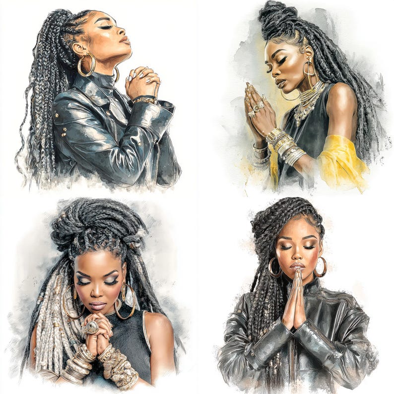 May include: Four watercolor portraits of women with braided hairstyles, each in a pose of prayer. The women wear jewelry, including hoop earrings and bracelets. They are dressed in black tops and jackets, with a yellow scarf in one portrait.