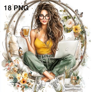 Könnte beinhalten: Aquarellillustration einer Frau in einem Hängesessel, die ein gelbes Oberteil und eine grüne Hose trägt, einen Laptop und ein Glas Tee hält. Das Bild enthält florale Akzente, Schmetterlinge und den Text "18 PNG".