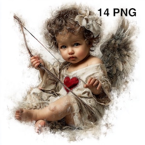 Puede incluir: Arte digital de una figura querubínica con cabello castaño rizado, sosteniendo un arco y una flecha. La figura lleva una prenda color crema con un diseño de corazón rojo. La imagen incluye el texto "14 PNG" en la esquina superior derecha.