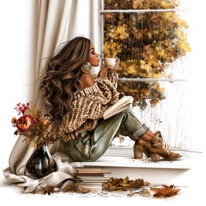 May include: A person with long wavy brown hair wearing a chunky beige knit sweater and olive green pants, holding a beige mug. Beside them is a dark glass vase with dried flowers, a stack of books, and scattered brown autumn leaves on a ledge.