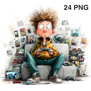Può includere: Illustrazione di un personaggio dei cartoni animati che gioca a un videogioco, tenendo in mano un controller. Il personaggio indossa una felpa con cappuccio gialla e jeans blu, seduto su un divano grigio. Console di gioco e cartucce di gioco circondano il personaggio. Testo "24 PNG" in alto a destra.