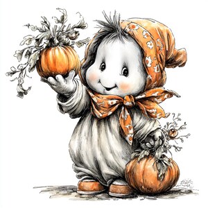 Puede incluir: Ilustraci&oacute;n caprichosa de un personaje sonriente sosteniendo dos calabazas. El personaje viste un atuendo blanco, una bufanda naranja y un gorro a juego con un estampado floral. Las calabazas son naranjas y la obra de arte tiene un estilo dibujado a mano.