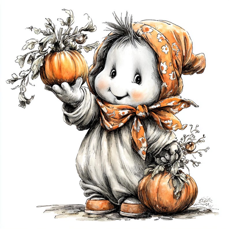 Puede incluir: Ilustraci&oacute;n caprichosa de un personaje sonriente sosteniendo dos calabazas. El personaje viste un atuendo blanco, una bufanda naranja y un gorro a juego con un estampado floral. Las calabazas son naranjas y la obra de arte tiene un estilo dibujado a mano.