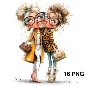 May include: Illustration of two cartoon women wearing glasses, kissing, and dressed in fashionable outfits. One wears a yellow coat, white pants, and red heels, while the other has a leopard print jacket and boots. They each carry a purse. The text "16 PNG" is in the bottom right.