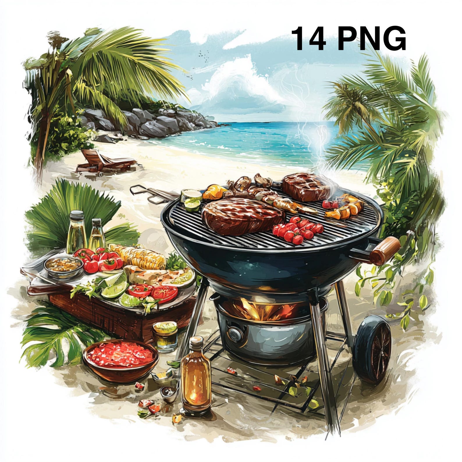 14 PNG Beach Summer BBQ Watercolor Barbecue Clipart Bundle Grill Party ...