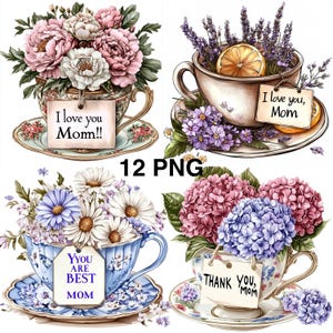 12 PNG Acquerello Vintage Tazza da Tè Clipart Pacchetto Festa della Mamma Fiore Clipart Uso Commerciale Primavera Clipart Stampabili Felice Festa della Mamma