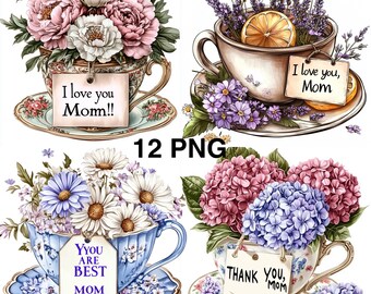 Paquete de 12 imágenes prediseñadas de acuarela vintage con diseño de taza de té PNG, imágenes prediseñadas de flores para el Día de la Madre, imágenes prediseñadas de primavera para uso comercial, imprimibles, Feliz Día de la Madre