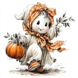 Puede incluir: Ilustraci&oacute;n caprichosa de una figura fantasmal sosteniendo una calabaza y una ramita de hojas. La figura lleva un atuendo blanco con una bufanda y un lazo naranja, y zapatos naranjas. El arte tiene un estilo vintage, perfecto para Halloween.