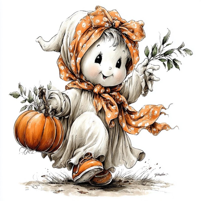 Puede incluir: Ilustraci&oacute;n caprichosa de una figura fantasmal sosteniendo una calabaza y una ramita de hojas. La figura lleva un atuendo blanco con una bufanda y un lazo naranja, y zapatos naranjas. El arte tiene un estilo vintage, perfecto para Halloween.