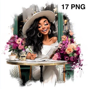 Pode incluir: Ilustração de uma mulher com vestido e chapéu brancos, sorrindo enquanto escreve numa mesa de café. A mesa tem um buquê de flores rosas e roxas, uma xícara de café e um pote. A imagem tem o texto "17 PNG" no canto superior direito.