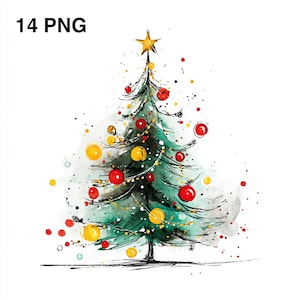 May include: Watercolor illustration of a Christmas tree with red and yellow ornaments, a gold star on top, and the text "14 PNG" in the upper left corner. The tree is green with a watercolor effect, and the background is white.