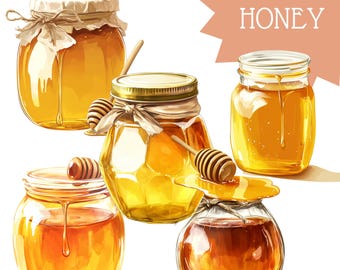 16 PNG Watercolor honey clipart Glass Jar of Honey Digital Download Printable with Commercial Use Honey illustration Digital clipart