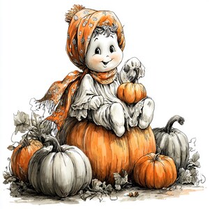 Puede incluir: Ilustraci&oacute;n de una figura sonriente con un atuendo blanco, bufanda y sombrero naranja, sentada sobre una gran calabaza. Varias calabazas en tonos naranja y blanco rodean la figura, con hojas de oto&ntilde;o.