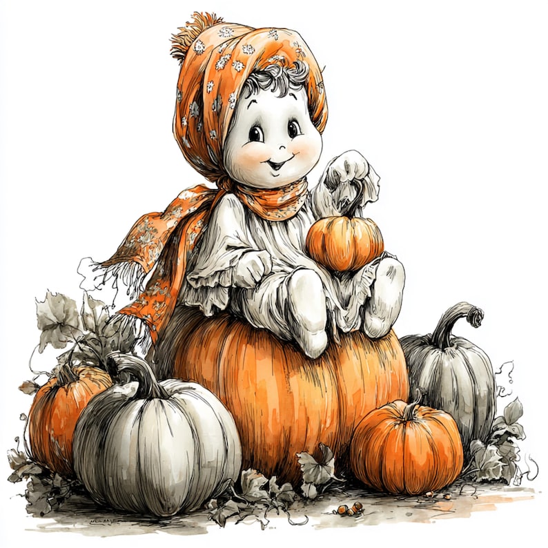Puede incluir: Ilustraci&oacute;n de una figura sonriente con un atuendo blanco, bufanda y sombrero naranja, sentada sobre una gran calabaza. Varias calabazas en tonos naranja y blanco rodean la figura, con hojas de oto&ntilde;o.