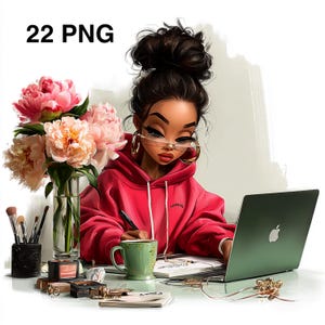 May include: Digital illustration of a woman in a red hoodie working on a laptop. She is wearing glasses and gold hoop earrings. A bouquet of pink peonies sits in a vase to her left. The text "22 PNG" is in the top left corner.