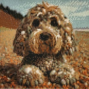 Könnte beinhalten: Ein Diamantgemälde eines Hundes mit braunem und hellbraunem Fell, schwarzen Augen und einer schwarzen Nase. Der Hund steht im Mittelpunkt des Bildes, vor einem verschwommenen Hintergrund aus Feld und Himmel. Das Gemälde besteht aus kleinen, farbigen, quadratischen Perlen.