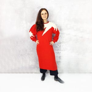 Vintage sweater dress, Size M or L, Red and white knitted dress with pearls, Cozy warm chunky dress, clothes for Christmas