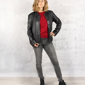 Veste en cuir, manteau en cuir souple noir vintage pour femme des années 90, veste boutonnée pour femme, tour de taille, taille M