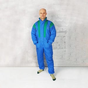 Ski jumpsuit, Size L, 80's snowsuit, Blue and green vintage ski suit, Winter clothes