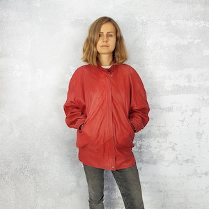 Vintage Leather red jacket, Size S, Hip length soft genuine leather coat, Unique cut 80&#39;s leather jacket, Casual classic outwear