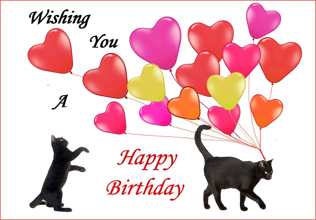 Carte D Anniversaire Chat Chats Noirs Et Ballons Amour Etsy France