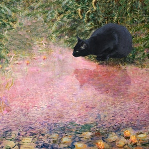 Black Cat in Claude Monet's Garden, Cat Art Parody