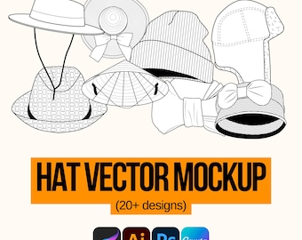 Pacchetto di mockup vettoriali per cappelli, pacchetto tecnico di design di moda (PDF)
