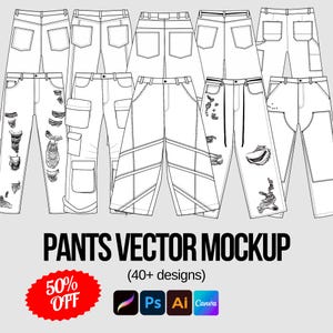 Op de afbeelding: Een vector mockup van verschillende broekenontwerpen, waaronder ripped jeans en cargobroeken. De afbeelding toont meerdere broeken in een platte, technische tekenstijl. De tekst onderaan luidt "PANTS VECTOR MOCKUP" en "(40+ designs)". Een rode cirkel geeft 50% korting aan.