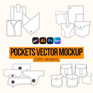 Puede incluir: Una colección de diseños de bolsillos blancos en varias formas y estilos, incluyendo bolsillos con solapa, de parche y ribeteados. El texto "POCKETS VECTOR MOCKUP (150+ designs)" se muestra en una pancarta naranja, con logotipos de software debajo.