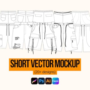 May include: A collection of black and white vector illustrations of shorts, showcasing various designs. The image includes shorts with pockets, drawstrings, and distressed details. Text on the image reads "SHORT VECTOR MOCKUP" and "(20+ designs)".