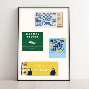 May include: Four matchbox labels with different designs. The top label is white with a chessboard pattern and the text "INTERMEZZO". The second label is green with the text "NORMAL PEOPLE" and a small illustration of a can. The third label is blue with the text "BEAUTIFUL WORLD, WHERE ARE YOU". The bottom label is yellow with the text "CONVERSATIONS WITH FRIENDS" and two illustrations of people.