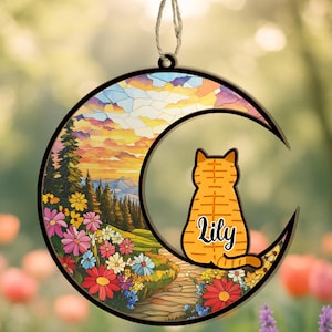 Personalized Cat Memorial Suncatcher, Cat Loss Gift, Cat on Moon Ornament, Pet Sympathy Gift, Cat Lover Keepsake, Pet Remembrance Decor