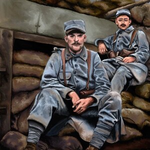 May include: Two soldiers in blue uniforms sit in a trench, surrounded by sandbags. The soldier on the left is wearing a cap and has a mustache. The soldier on the right is wearing a cap and has a beard. Both soldiers are looking at the camera.