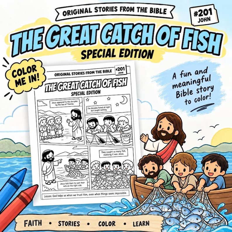 The Great Catch of Fish Bible Comic Colouring Page: listing photo