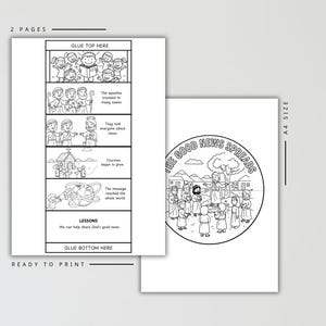 Puede incluir: Actividad imprimible en blanco y negro de dos p&aacute;ginas. Una p&aacute;gina presenta una ilustraci&oacute;n circular con el texto "THE GOOD NEWS SPREADS". La otra p&aacute;gina tiene un dise&ntilde;o de c&oacute;mic con texto e ilustraciones.