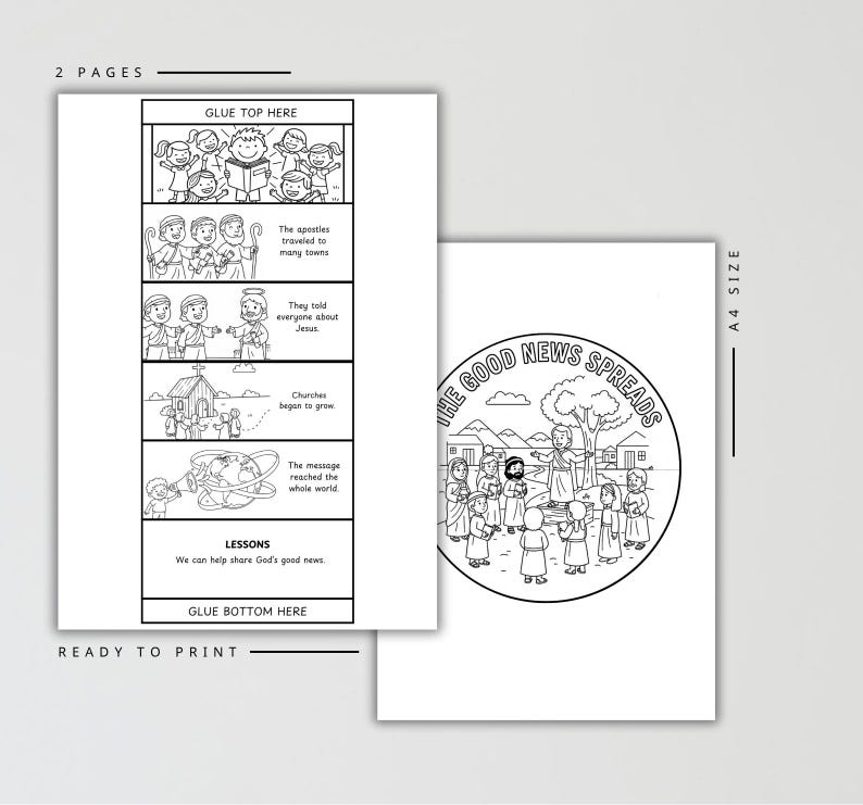 Puede incluir: Actividad imprimible en blanco y negro de dos p&aacute;ginas. Una p&aacute;gina presenta una ilustraci&oacute;n circular con el texto "THE GOOD NEWS SPREADS". La otra p&aacute;gina tiene un dise&ntilde;o de c&oacute;mic con texto e ilustraciones.