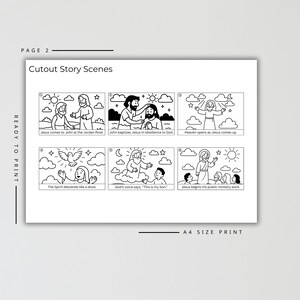 May include: Black and white cutout story scenes, ready to print. The scenes depict biblical events, including Jesus's baptism, the descent of the Holy Spirit, and Jesus's public ministry. Text includes "Cutout Story Scenes" and "A4 SIZE PRINT".