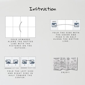 Pu&ograve; includere: Un diagramma bianco con istruzioni di piegatura per un libretto, con illustrazioni e testo. La parola "Instruction" &egrave; in alto. L'immagine finale mostra un libretto piegato con il testo "David & Goliath" e "Enjoy!"