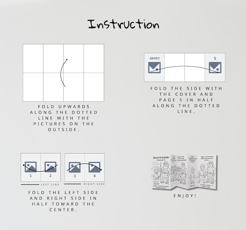 Pu&ograve; includere: Un diagramma bianco con istruzioni di piegatura per un libretto, con illustrazioni e testo. La parola "Instruction" &egrave; in alto. L'immagine finale mostra un libretto piegato con il testo "David & Goliath" e "Enjoy!"